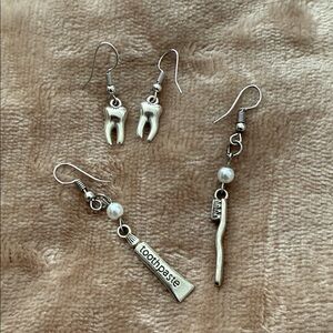 Silver Tooth and Toothpaste Earrings Set